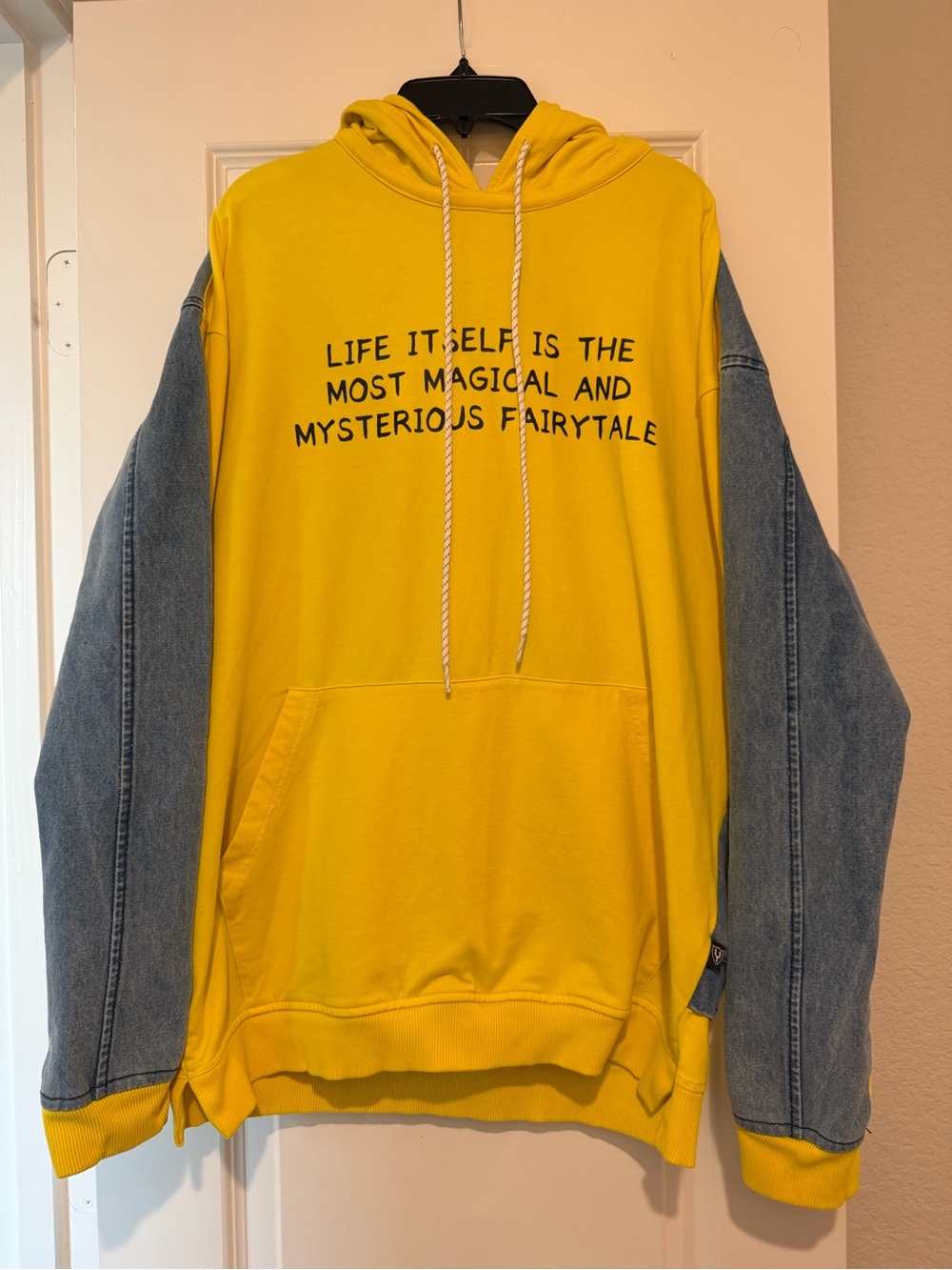 Unisex Denim Sleeve Hoodie Large Yellow Colorblock Streetwear